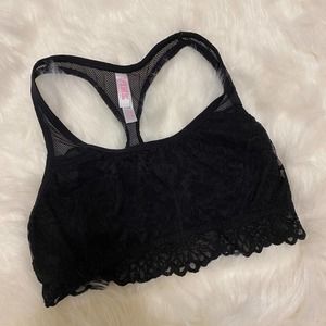 VS PINK Medium Black Bralette Bra Racerback Lace Flowers Victoria's Secret